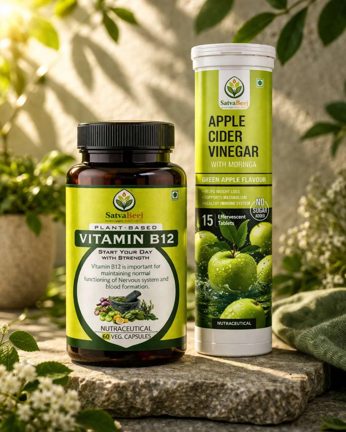 Satva Beej Vitamin B12 and ACV Moringa products styled with fresh herbs